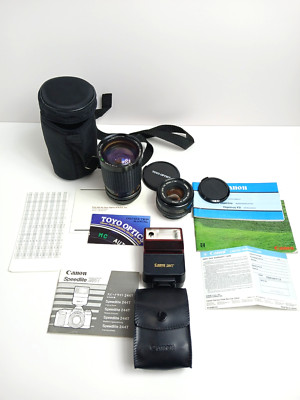 Lot Of 3 Canon Lens 50mm 1 :1.8 Canon SpeedLite 224T Toyo Five Star MC 28 135mm