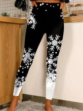 Women Christmas Snowflake Print Black High Stretch Leggings Casual Waist Slim