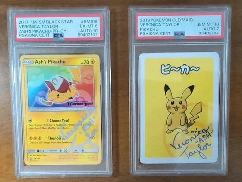 Ash’s Pikachu PSA 6 AUTO 10 & Pikachu PSA 10 AUTO 7 Signed ‘Veronica-ASH-Taylor’