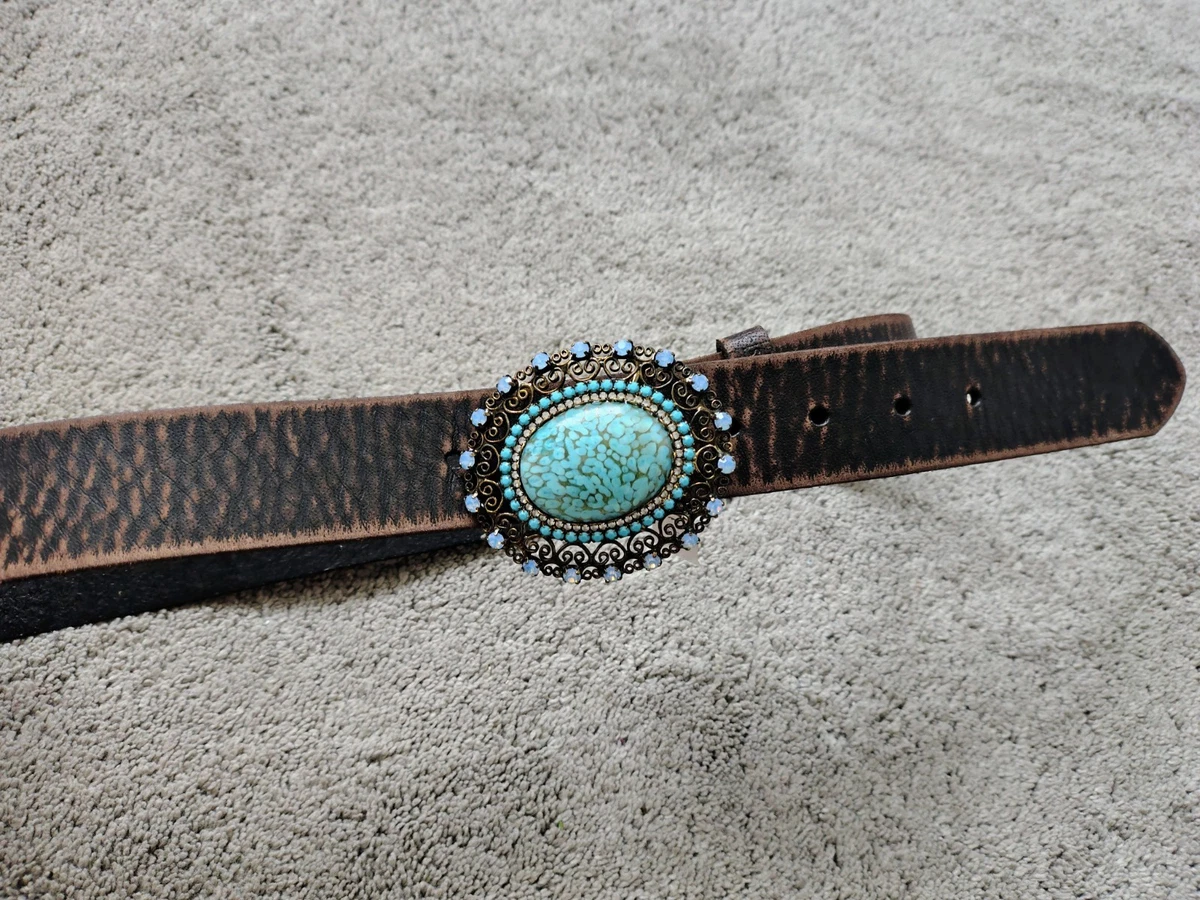 Martine Wester Belt Medium 38 Black Jeweled Rhinestone Leather Solid Vintage Martine Wester Black Leather Belt, Oval Navajo Style  main image 4