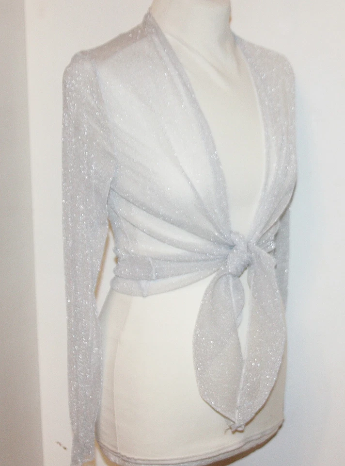 MARKENLOS BOLERO ABEND JACKE BRAUTSTOLA ZUM BINDEN VORNE mesh Silber glitzer weiss gold