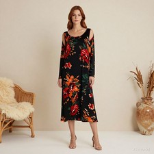 Boho Midi Dress Multi Floral Jersey Shift Long Sleeve Stretch Hippie Folk XL