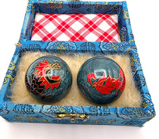 Chinese Baoding Balls Dragon Cloisonn  Enamel Meditation Stress Balls Pair w Box