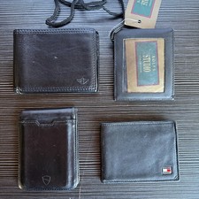 Lot of Four Black Genuine Leather Men's Wallets Various Designer Brands New/Used