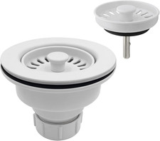 3-1/2 Inch Polymer White Sink Drain Assembly with Basket Strainer and Stopper fo