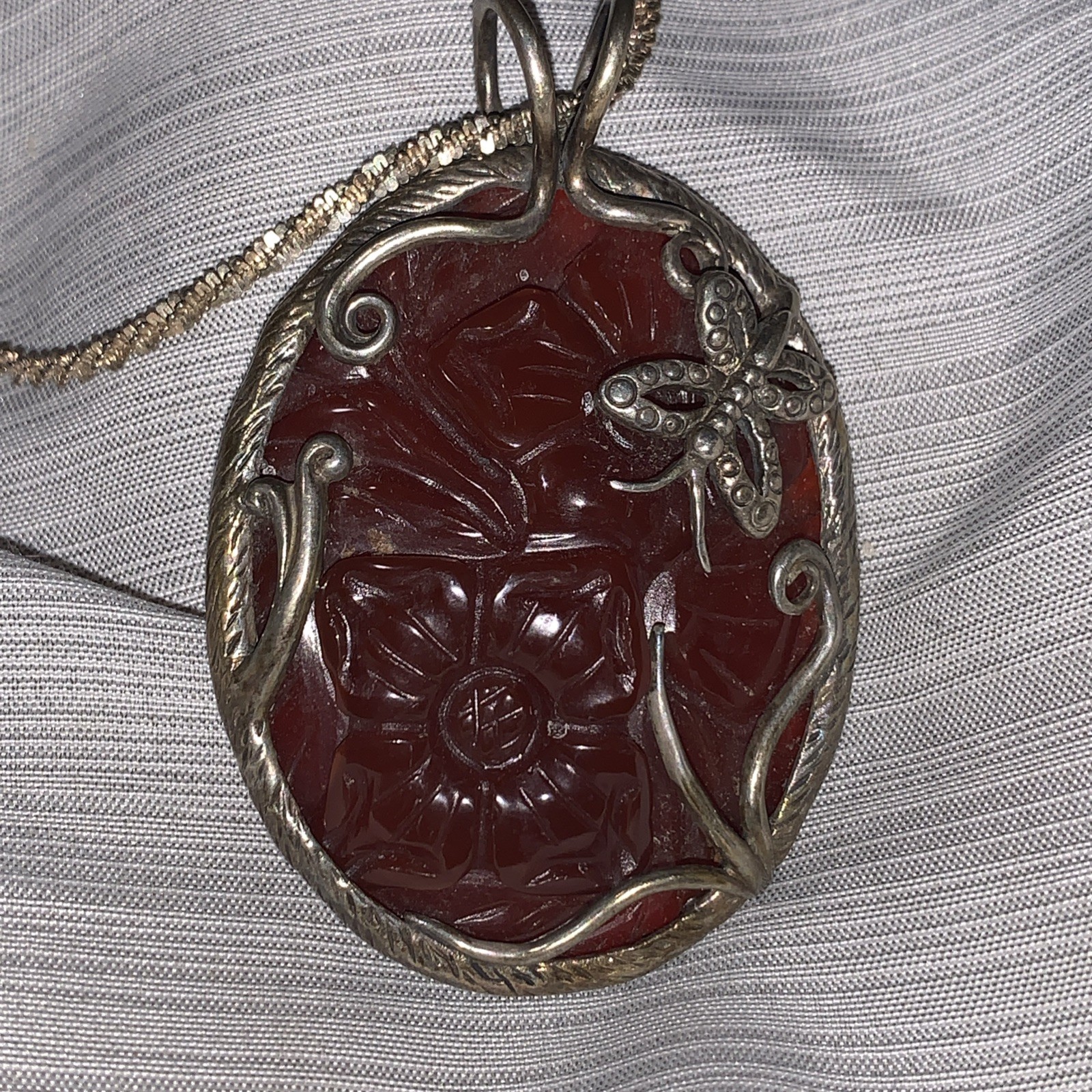 925 Solid Sterling Silver Agate Stone Carved Flow… - image 1