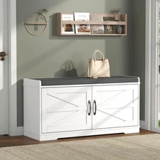 Shoe Storage Bench, 2-Tier Farmhouse Entryway Bench with Padded Seat Cushion