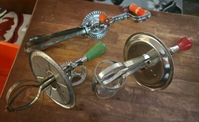Vintage Lot Of 3 Whirl Stainless Steel Kitchen Hand Mixer Egg Beater Wood Handle