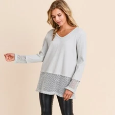 Doe & Rae Sweater Pointelle Layered Lace Gray NWT New Small