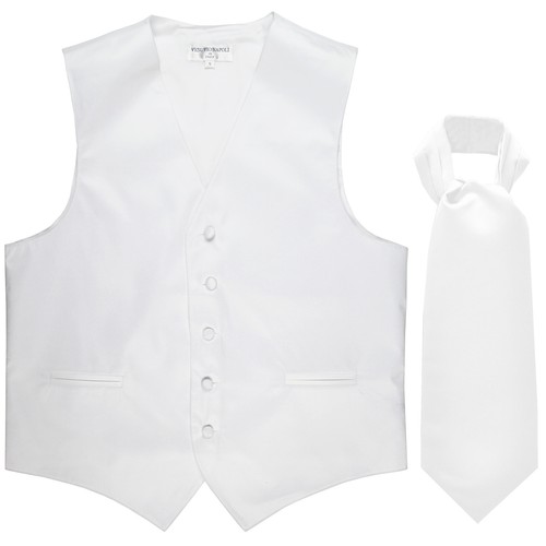 New Men's Formal Tuxedo Vest Waistcoat solid & Ascot cravat white Wedding Prom - Picture 1 of 4