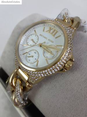 NEW Michael Kors Camille Pave Glitz Gold Crystal Chain Watch