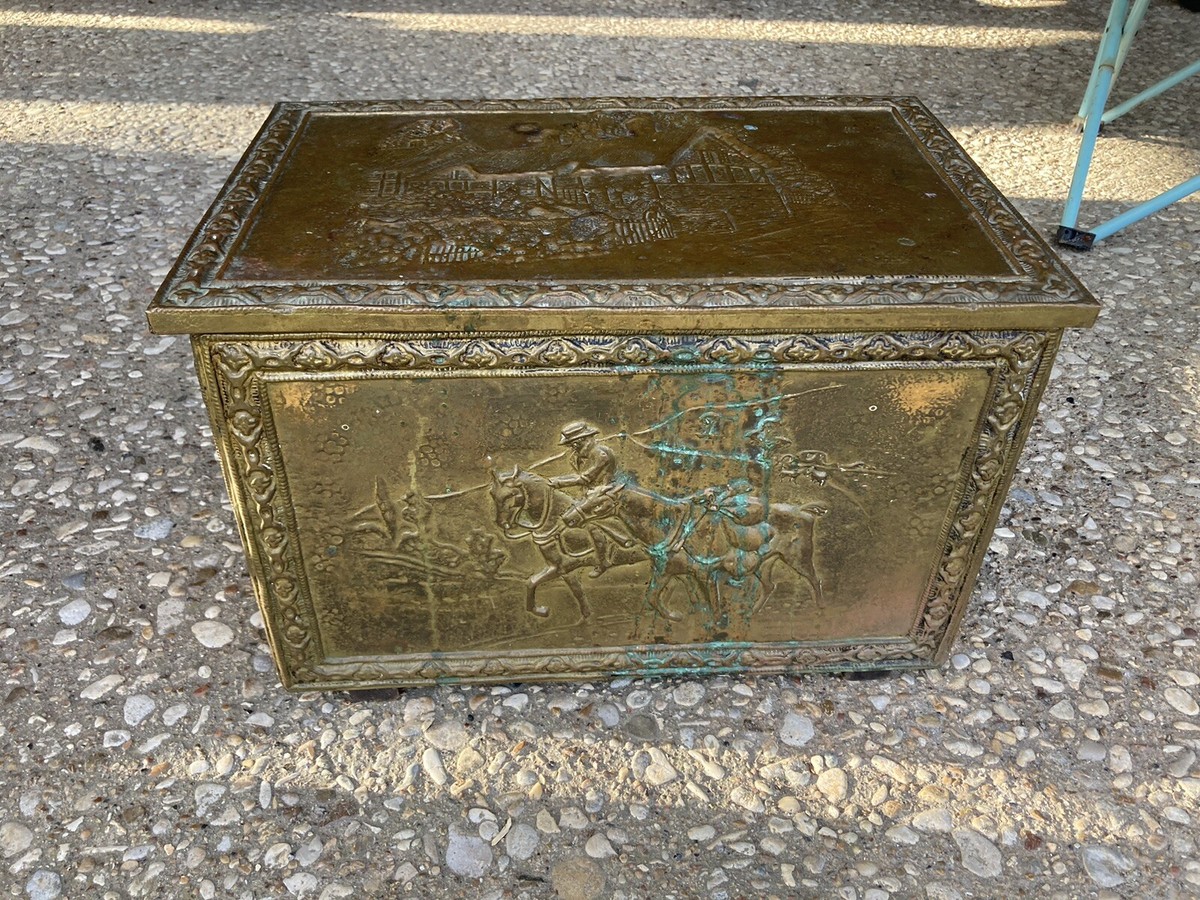 Vintage Embossed Brass Coal Box ~ Storage Chest Trunk Wood