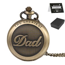 The GREATEST DAD Quartz Bronze Tone Pocket Watch Necklace Chain Fathers Day Gift