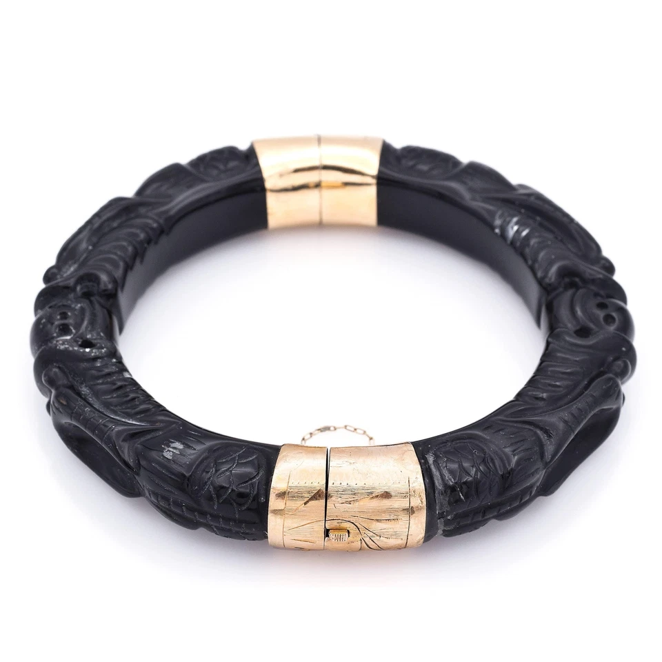 复古 14K 黄金黑色玛瑙铰边 Pixiu 雕刻手镯手链 — 第 2/4 张图片