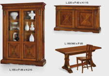 SALA DA PRANZO COMPLETA ARPA 2 VETRINA+CREDENZA+TAVOLO ALL+6 SEDIE IN LEGNO ANT.