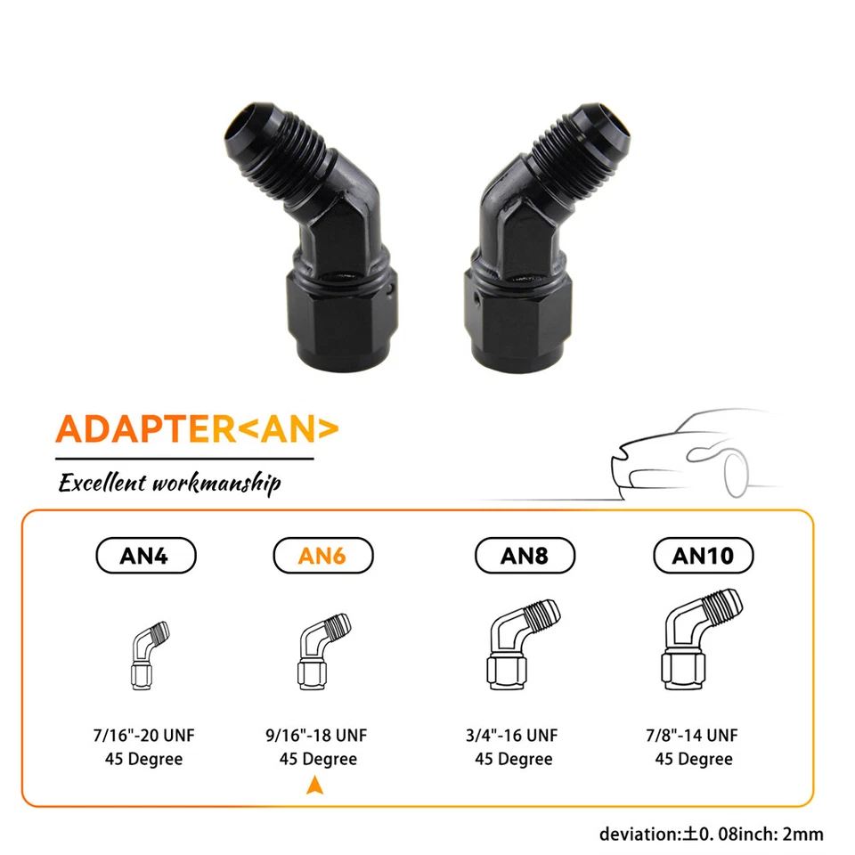 Adaptador de montaje de manguera giratoria de 45 grados an6 hembra a 6AN macho 2 piezas negro Foto 2 de 4