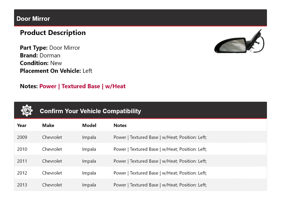 Espejo retrovisor izquierdo Chevrolet Impala Dorman 2009-2013 2010 2011 2012 Foto 2 de 4