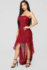 Pre-Owned Fashion Nova Red Lace High Low Prom Cocktail Party Evening Dress SMALL