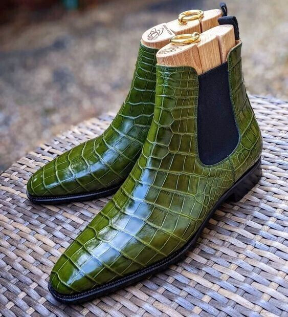 Pure Handmade Dark Green Crocodile Print Leather Dress Chelsea Boots Pure Handmade Dark Green Crocodile Print Leather Dress Chelsea Boots
