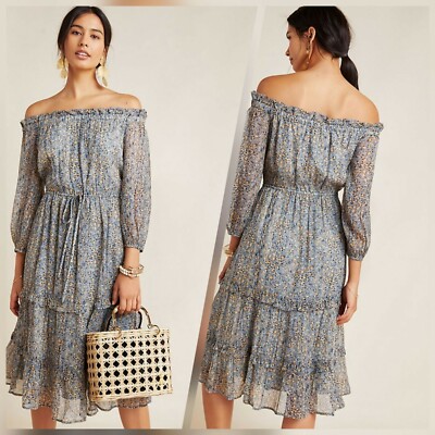 kira off-the-shoulder peasant dress Anthropologie Kira Off Shoulder Blue Peasant Dress Drawstring Waist Sz 8  NWT