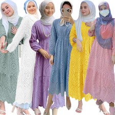 Muslim Women Abaya Lace Long Sleeve Maxi Dress Dubai Party Evening Gown Robe