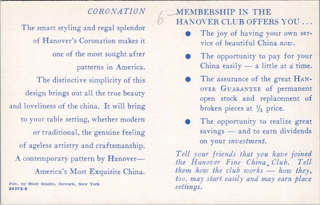 Hanover's Coronation Fine China Club DISHES, Advertising Chrome