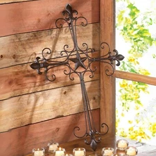 Lone Star Wrought Iron Wall Cross Fleur-De-Lis Scrollwork Hanging Home Art Décor
