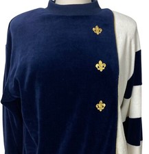 Vintage 80s Blue Velour Top Medium Nautical Gold Fleur De Lis Yacht Rock
