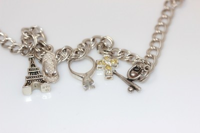 Sterling Silver Italian Charm Bracelet w/Eiffel Tower, Ring, Baseball 7'' - 454