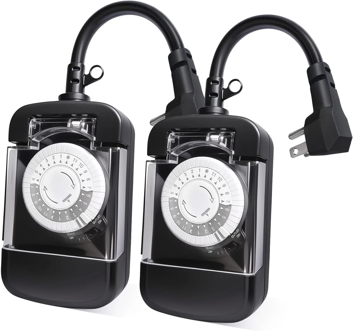 24 Hour Outdoor Mechanical Timer Switch with Two Ground Outlets, Variable On/Off