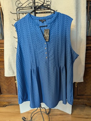 NWT Ava & Grace Blue Sleeveless Textured Blouse with Button Detail Women's Sz 2X