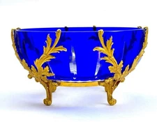 Antique French Blue Crystal Cut Bowl with Fine Dore Bronze Mounts