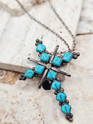 Vintage Native American Sterling Silver Turquoise Cross Pendant Necklace Signed