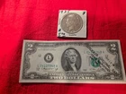 1925 US PEACE SILVER DOLLAR. 1976 SERIES UNCIRCULATED $2 WITH CROCKER BANK STAMP