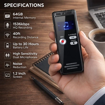 RIGWIG 64GB Digital Voice Activated Recorder | 3072Kbps HD Audio 20H Continuous Record