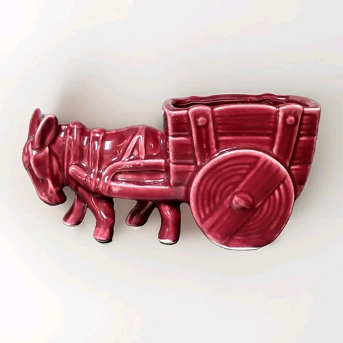 Vintage McCoy Shawnee USA Pottery Donkey Pulling Cart Planter Maroon/ Burgundy