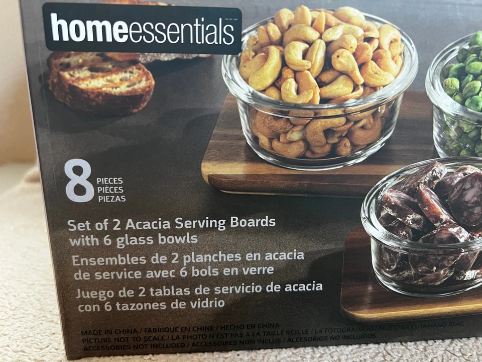 Home Essentials Serving Set 8 Pieces 2 Acacia Serving Boards with 6 Glass Bowls - Image 2 of 4