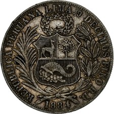 Peru, South Peru, Sol, 1884, Santiago, Silver, VF, KM:196.19