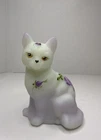 Fenton Opal Satin Glass Cat Figurine Hand Painted/Signed UVGlow 10th Anniv