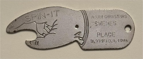 1930s Merry Christmas Swedes Place Bloomfield Iowa Spinner Opener A-21