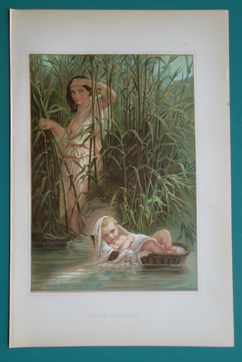 SACRED WOMAN of Bible Miriam Infant Moses - 1874 Color Litho Print
