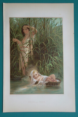 SACRED WOMAN of Bible Miriam Infant Moses - 1874 Color Litho Print