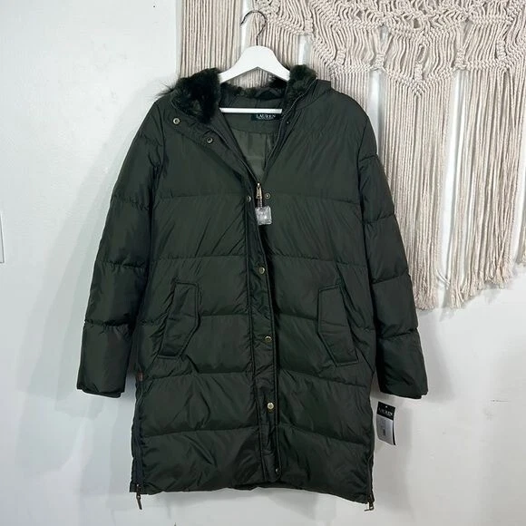 Womens Ralph Lauren Duck Down Feather Winter Puffer Coat Size Medium Olive Green