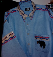 EMBROIDERED BEAR DENIM SHIRT NATIVE AMERICAN LOOKING 