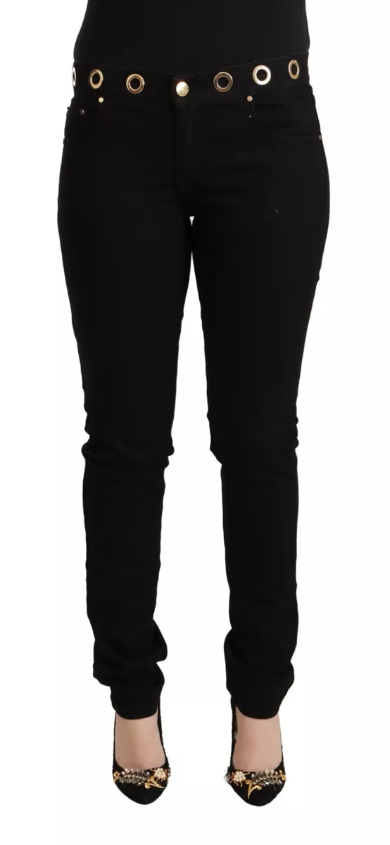 PIERRE BALMAIN Jeans Black Cotton Stretch Embellished Skinny Denim