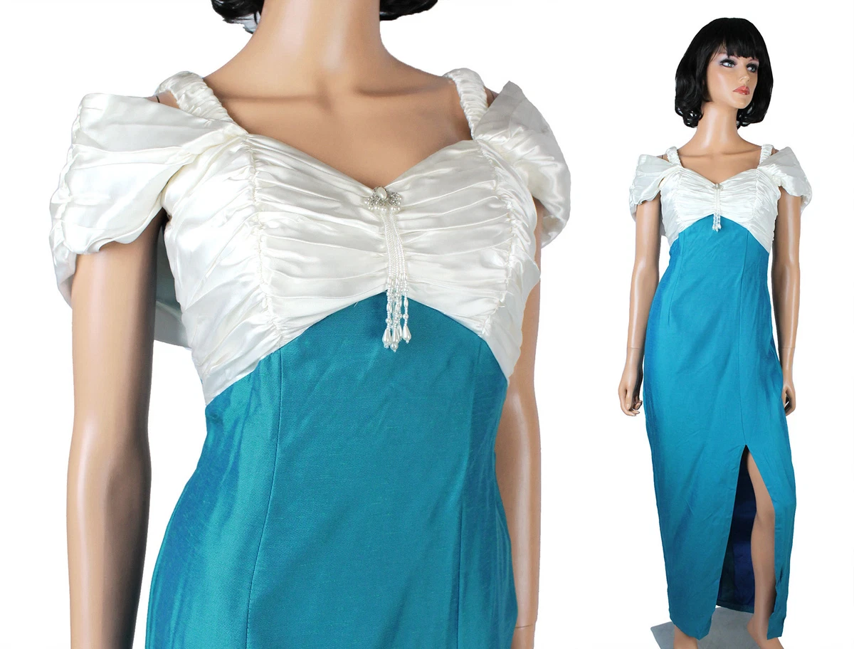 80s Prom Dress XS Vintage Teal Blue White Satin Long Wiggle Gown