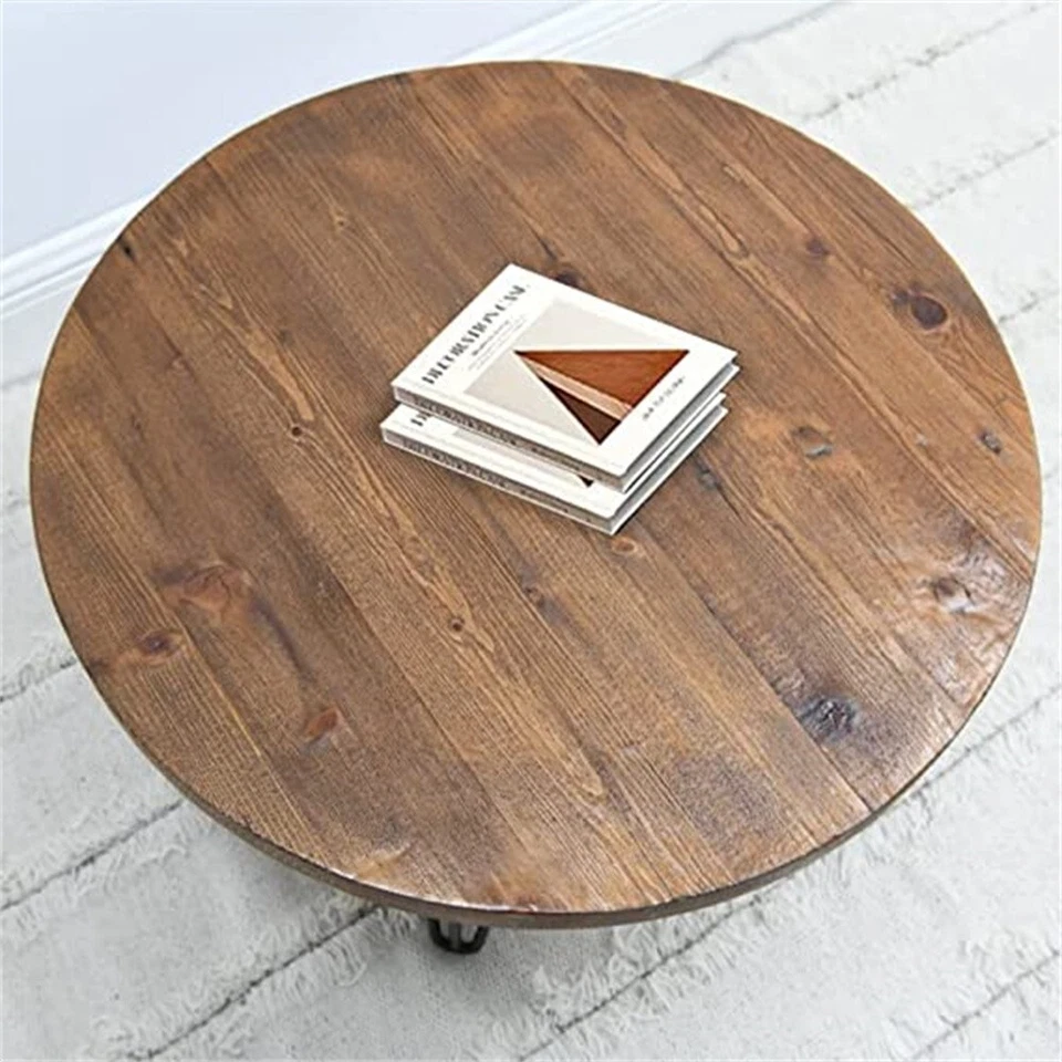 Mesa de centro redonda de madera maciza recuperada 27"x27"x15"H mesas de sofá de madera rústica Foto 2 de 4