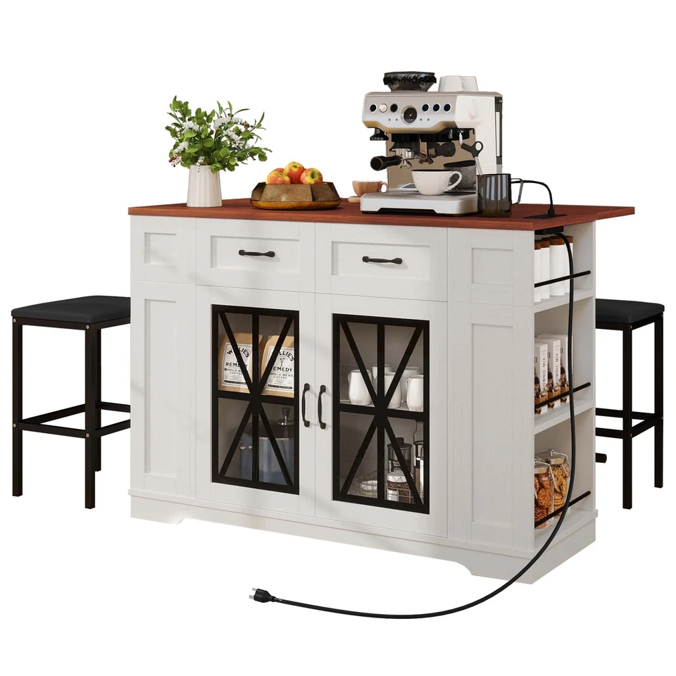 Large Kitchen Island w/ Storage Drop Leaf & 2 Bar Stools Portable Islands Table - Image 2 of 4