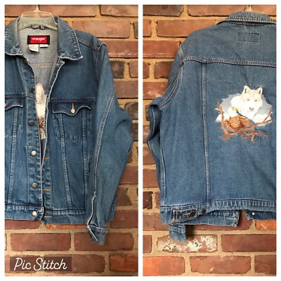 Vintage Wrangler Hero Embroidered Denim Jacket Eagle Wolf -L -50 Bust  -25” Lon