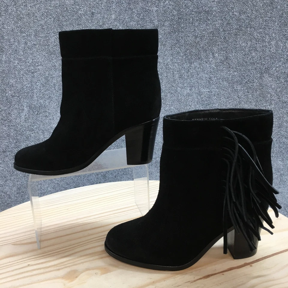 Kenneth Cole 靴子女式 8 M Alana 流苏踝靴黑色麂皮绒高跟鞋 — 第 2/4 张图片